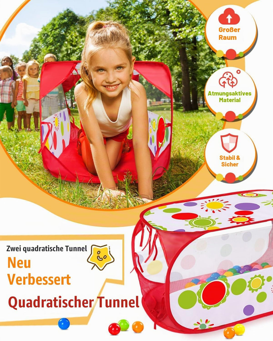 MAIKEHIGH 4 in 1 Kinder Spielzelt mit Tunnel, Pop Up Kinderzelt krabbeltunnel Baby Bällebad Zelt Fal