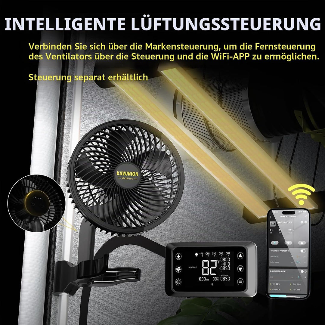 KAVUNION K1 Growzelt Clip Ventilator, 9W EC-Motor Ventilator Oszillierend 6-stufige Geschwindigkeits