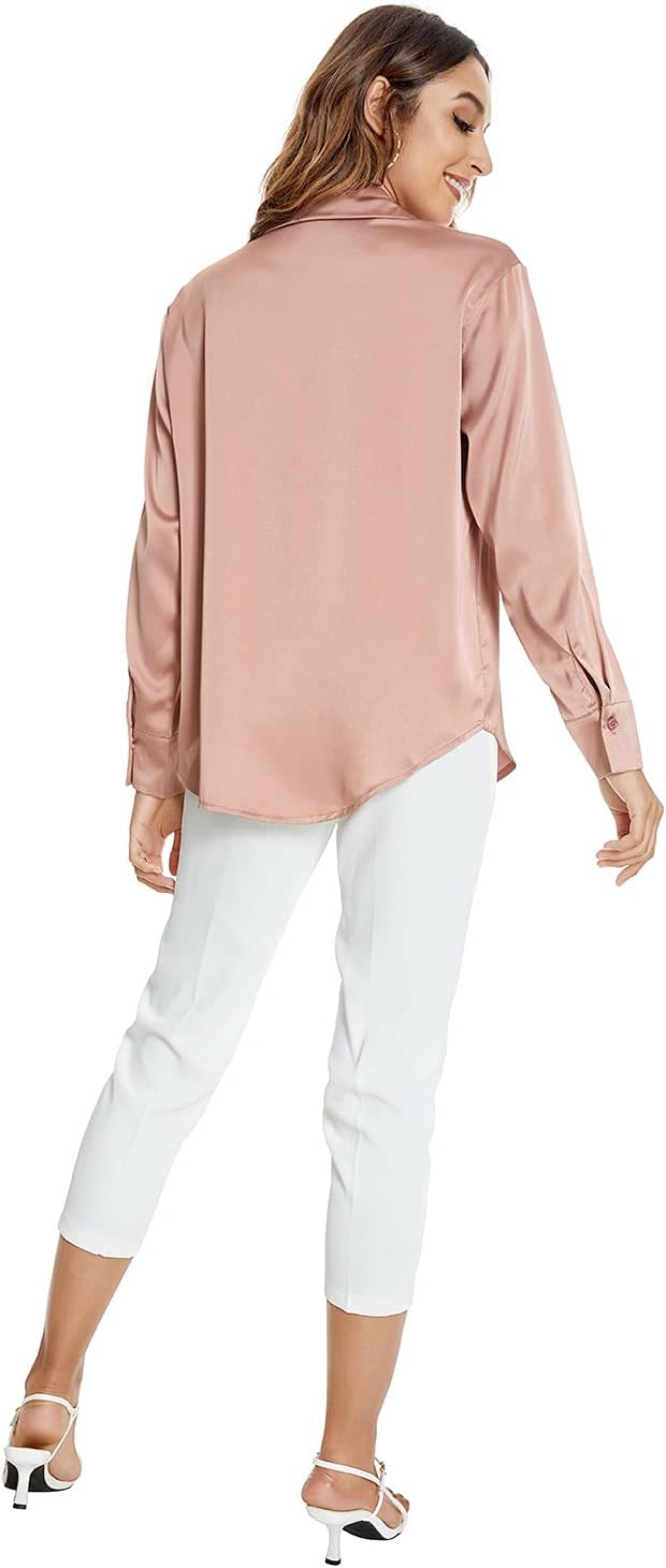 Atnlewhi Damen Bluse Langarm Knöpfen Satin Seide Hemden Basic Kent Kragen Arbeit Büro Formelle Casua