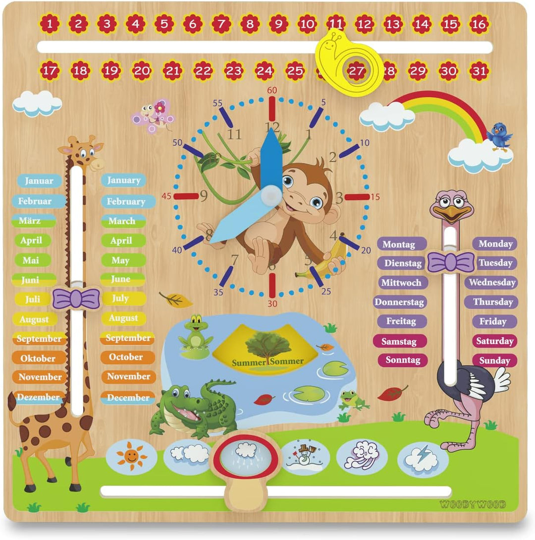 WoodyWood® Kalenderuhr für Kinder - Lernuhr aus Holz, zweisprachig, 30 X 30 cm - Montessori Jahresuh