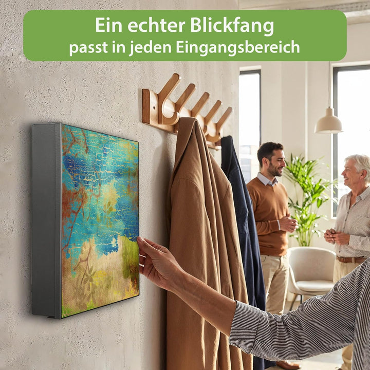 banjado® Grosser Schlüsselkasten Glas/Schlüsselbox 30cm x 30cm mit 50 Haken - Motiv Patina/Schlüssel