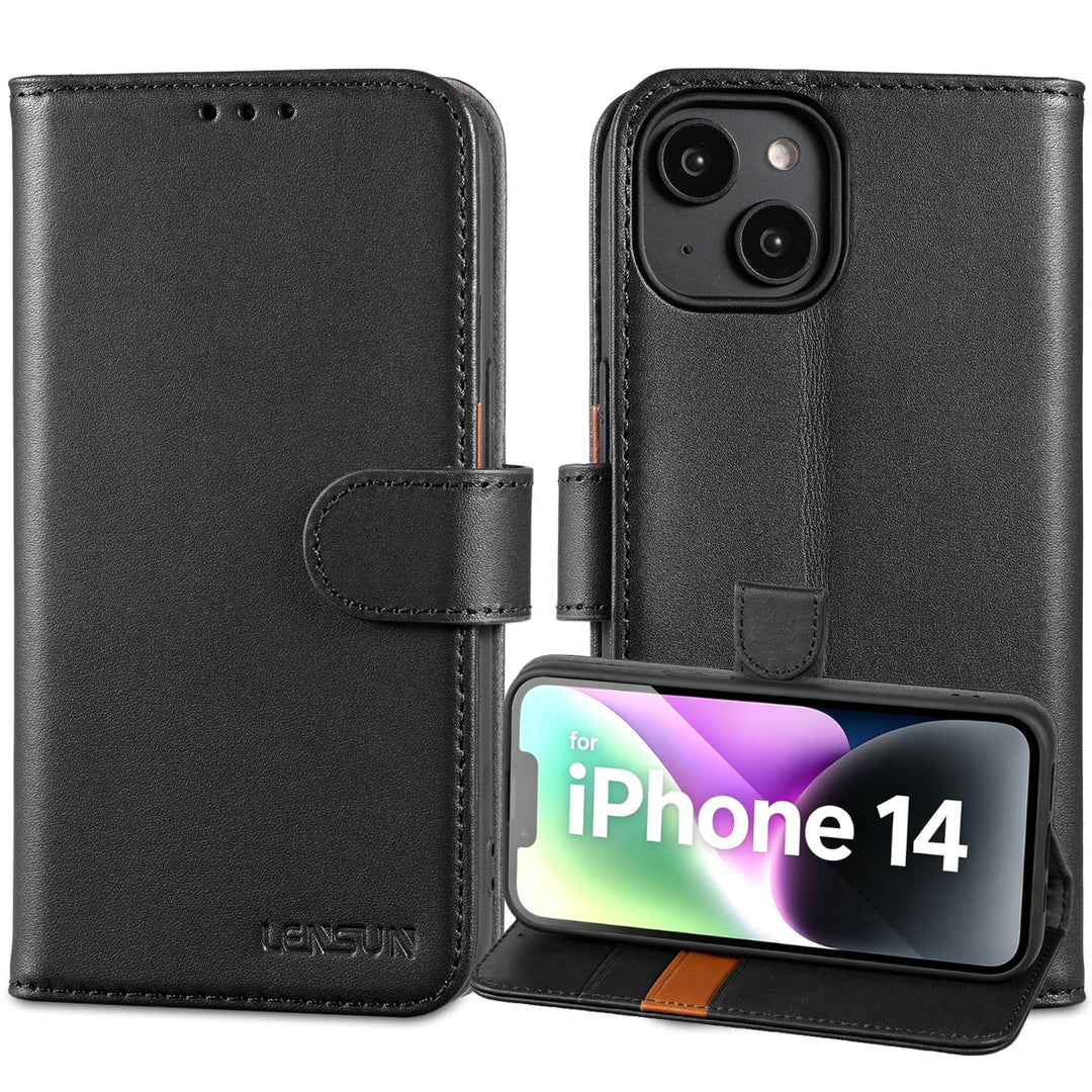 LENSUN Echtleder Hülle für iPhone 14, Handyhülle [Echtes Leder][Magnetverschluss][RFID Schutz] Handy