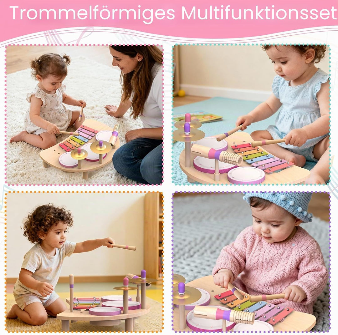 Holztrommelset - Montessori-Musikinstrumente für Kleinkinder, Schlagzeug-Set aus Holz mit Xylophon,