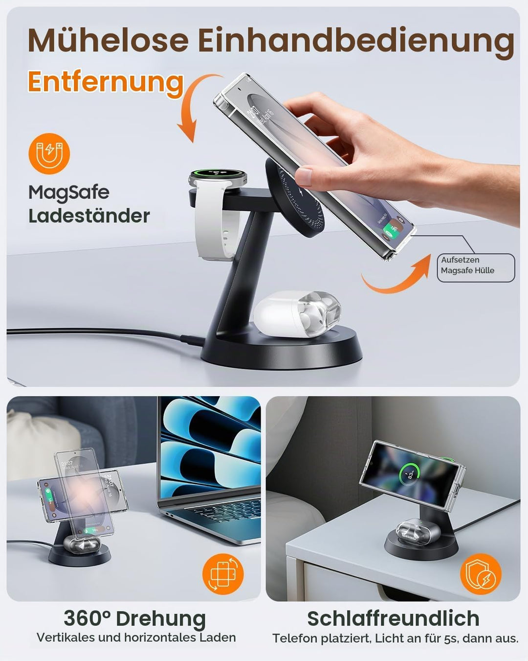 Meifigno Magnetisches Kabelloses Ladegerät für Samsung, 3 in 1 Ladestation, kompatibel mit MagSafe S