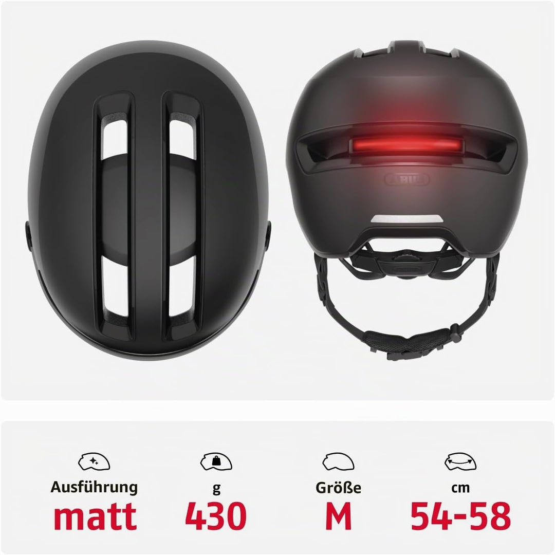 ABUS Stadthelm HUD-Y ACE - stylischer Fahrradhelm mit Visier und magnetischem, aufladbarem LED-Rückl