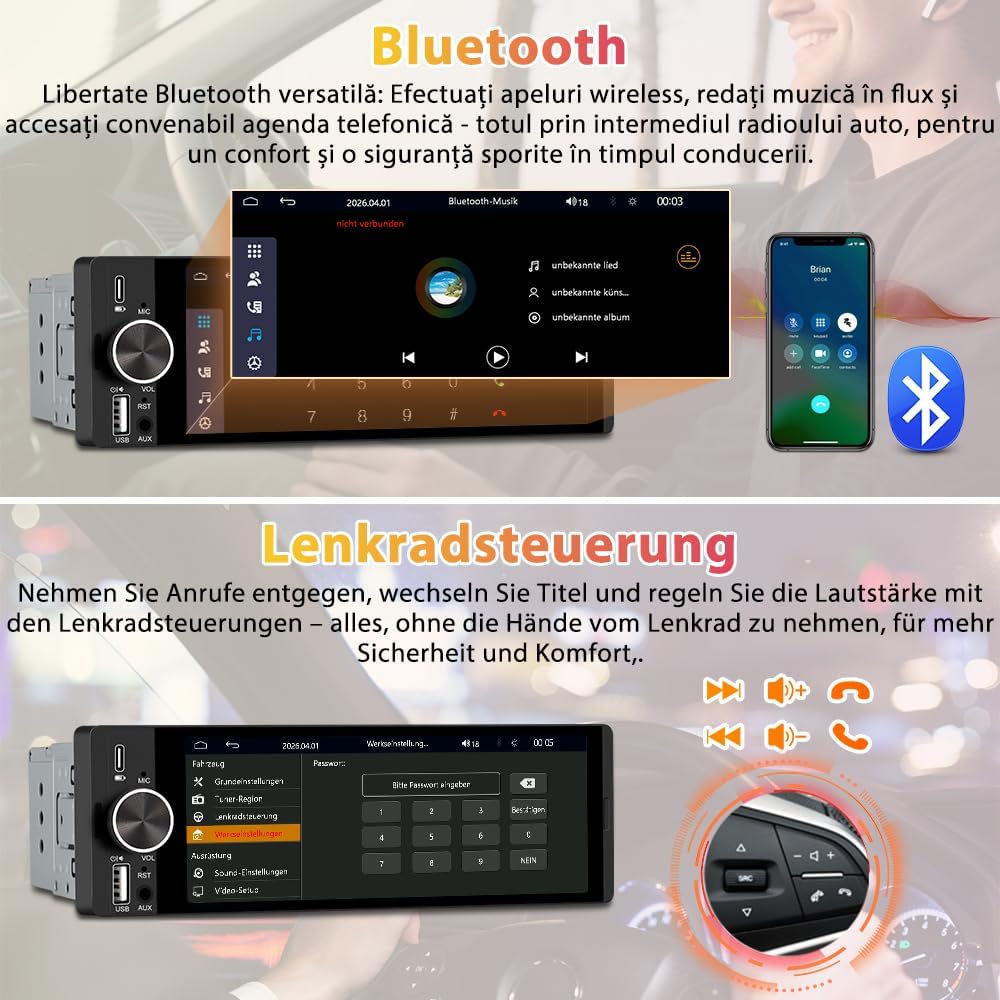 1 DIN Universales Autoradio, Carplay, Android Auto, DAB+, Rückfahrkamera | 6,28 Zoll Touchscreen, On