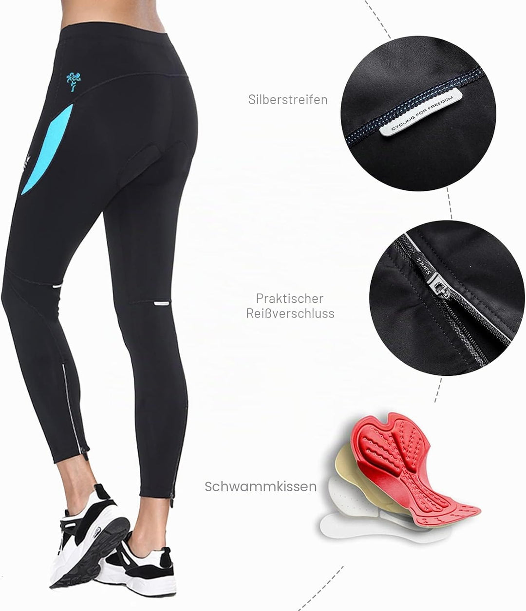 Santic Parni Radlerhose für Damen, gepolstert, Fahrradhose, lang, mit Kissen, L 1-blau