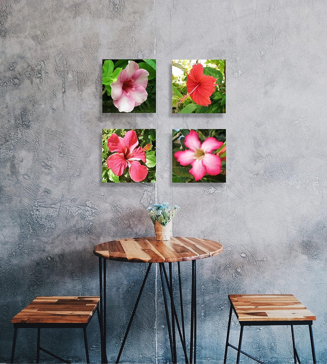 WunschPIXEL – Wandbild Blumen auf weissem Acrylglas, Set 4-teilig je 20x20 cm, quadratisch, tropisch
