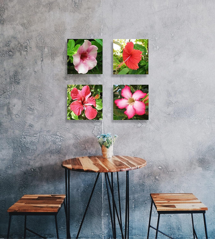 WunschPIXEL – Wandbild Blumen auf weissem Acrylglas, Set 4-teilig je 20x20 cm, quadratisch, tropisch