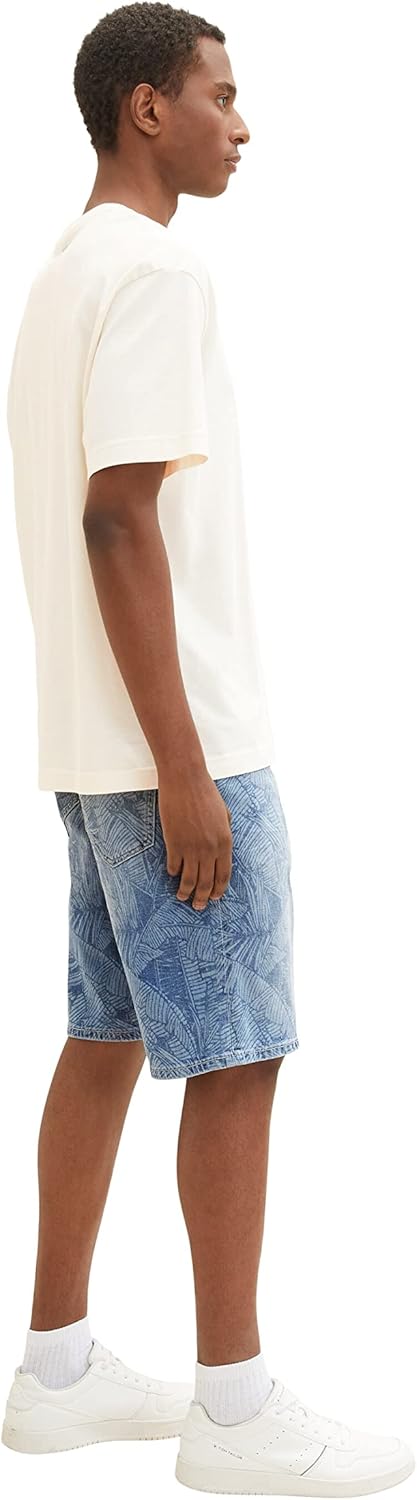 TOM TAILOR Herren Relaxed Fit Jeans Bermuda Shorts mit Palmen-Print, 31748 - Light Banana Leaf Lazer