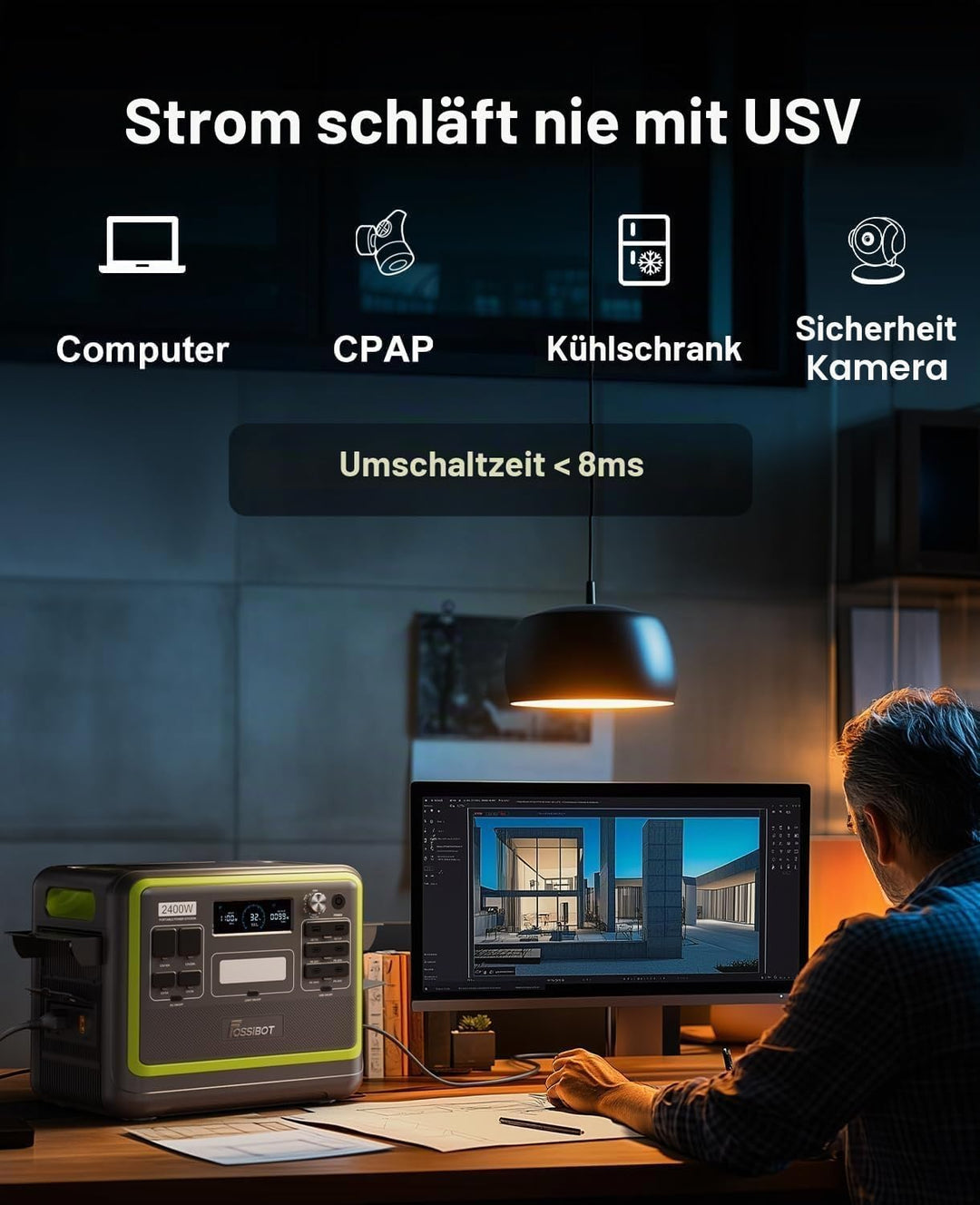 FOSSiBOT F2400 Powerstation mit 200W Solarpanel, Solargenerator 2048Wh LiFePO4 Batterie 230V 2400W 3