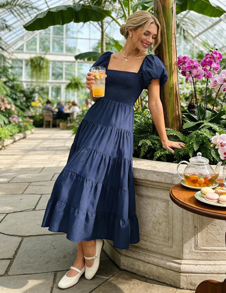 ZESICA Damen-Sommerkleid, eckiger Ausschnitt, Kurze Puffärmel, einfarbig, hohe Taille, lässig, flies