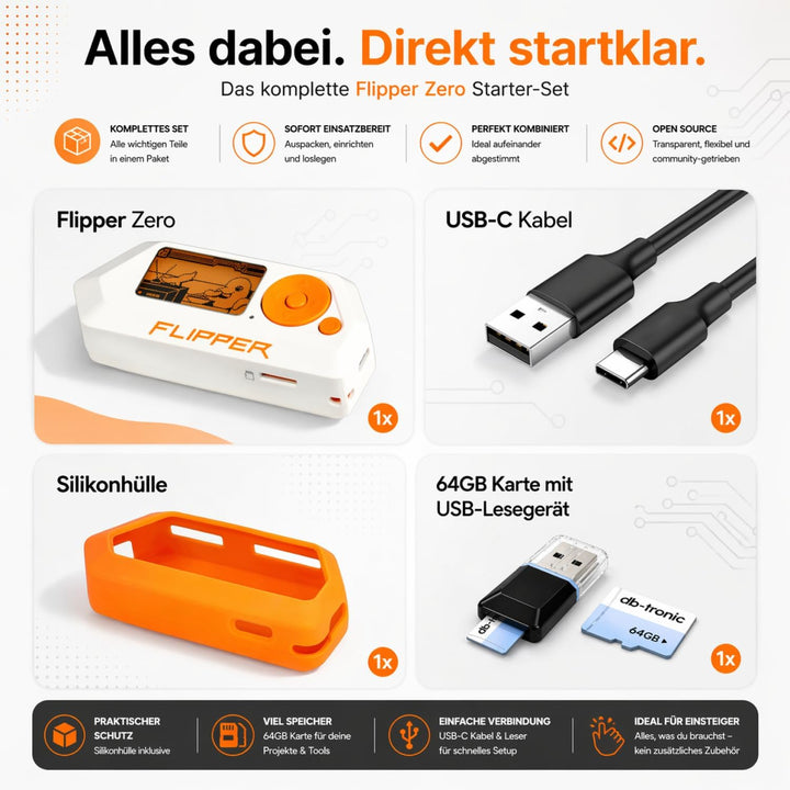 Flipper Zero Basic Set | Flipper Zero | Silikonhülle | USB-C Kabel | Anleitung