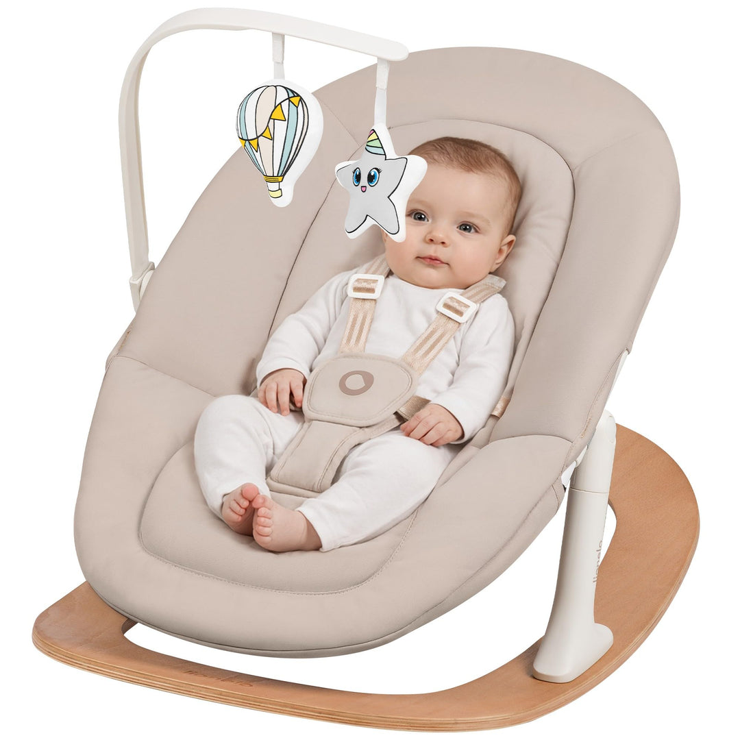 Lionelo Celia Rocker Babywippe ab Geburt bis 9 kg, verstellbare Rückenlehne, 5-Punkt-Gurt, Spielboge