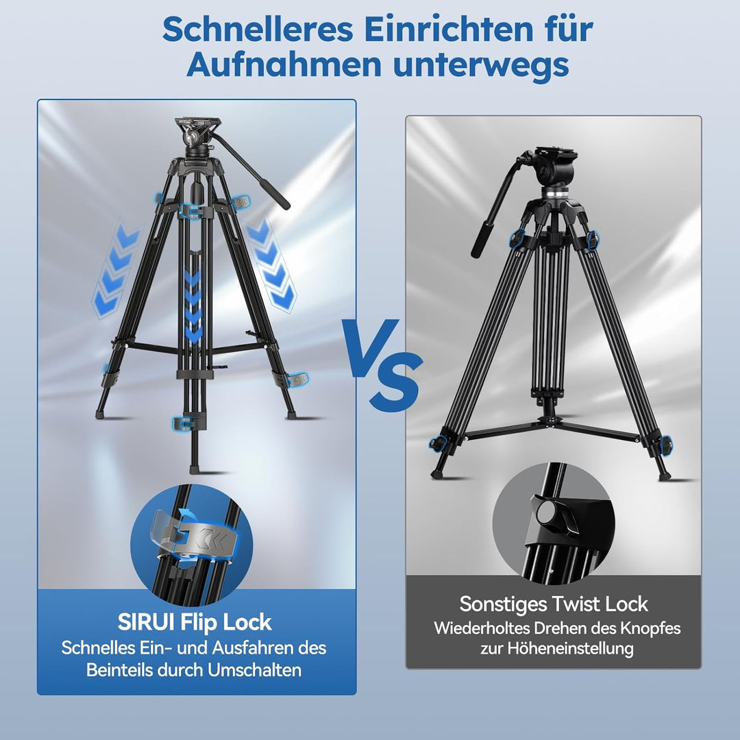 SIRUI AVT-02 Professionelles Video-Stativ mit 360° Fluidkopf – Schwerlast-Stativ, 190cm Höhe, inkl.