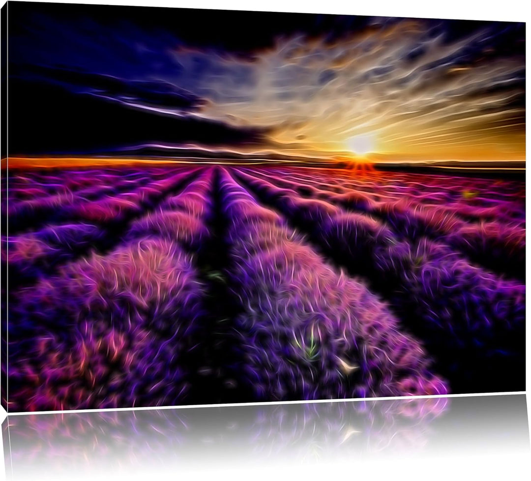 Dark abstraktes Lavendelfeld bei Sonnenuntergang auf Leinwand, XXL riesige Bilder fertig gerahmt mit