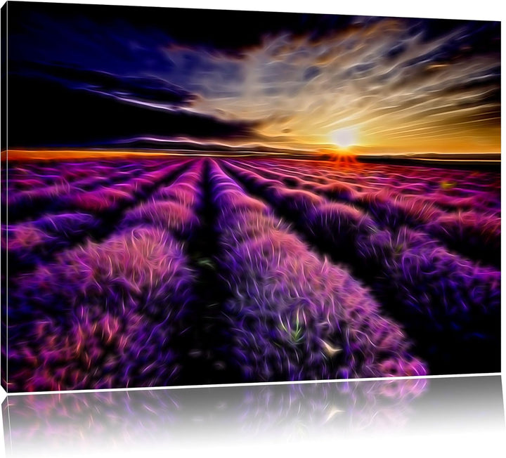 Dark abstraktes Lavendelfeld bei Sonnenuntergang auf Leinwand, XXL riesige Bilder fertig gerahmt mit