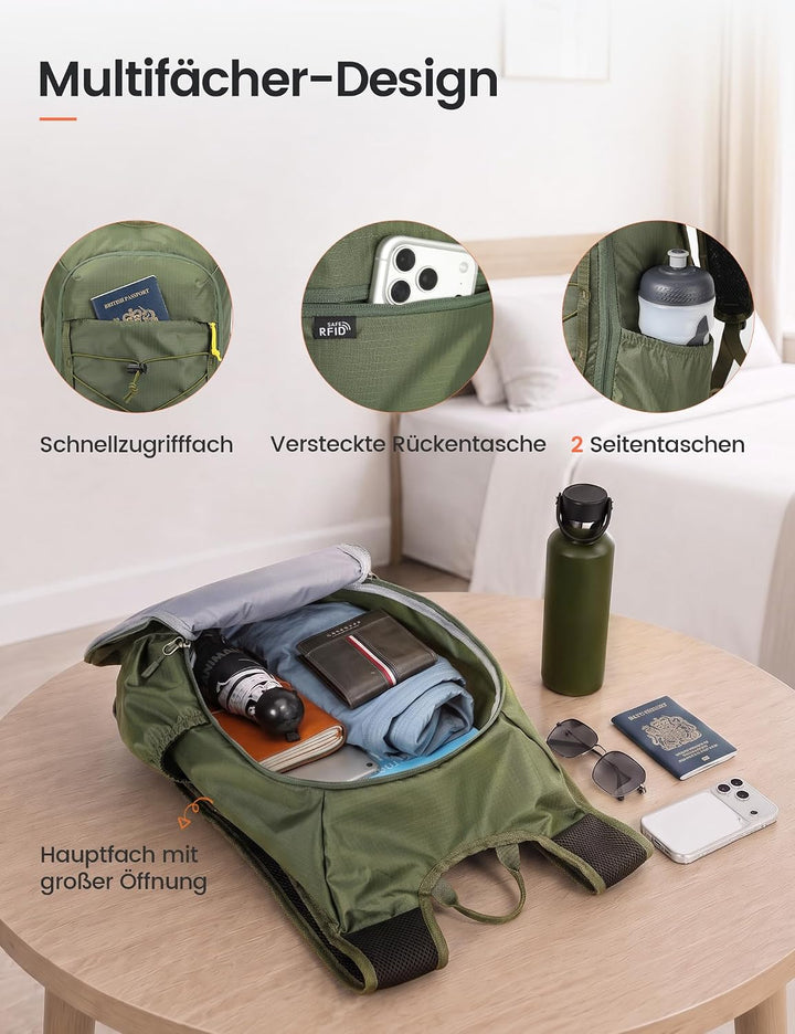 SKYSPER Faltbarer Rucksack 18L, Wanderrucksack Klein mit Brustgurt Grün, Grün