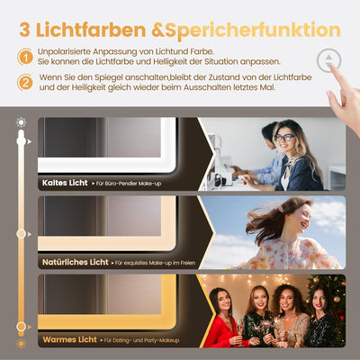 YOLEO Badespiegel mit Beleuchtung, Badezimmerspiegel LED mit Metallrahmen, Wandspiegel mit Touchscha