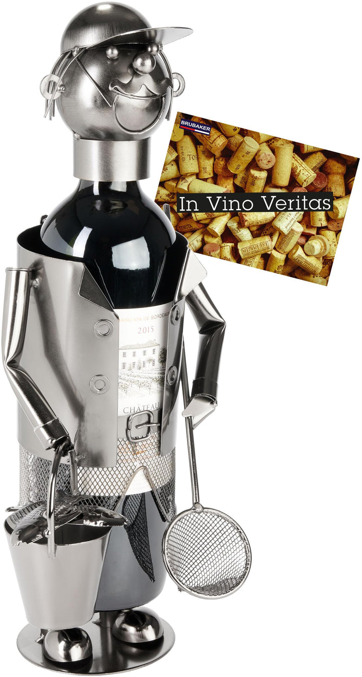 BRUBAKER Weinflaschenhalter Angler mit Kescher - Metall Flaschenhalter Angeln - 35 cm Wein Geschenk