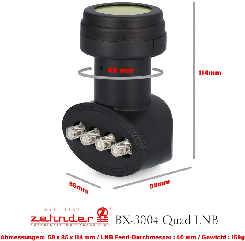 Zehnder Quad LNB für 4 Teilnehmer mit Sun Protect UV Schutz und Wetterschutzkappe zum herausziehen -