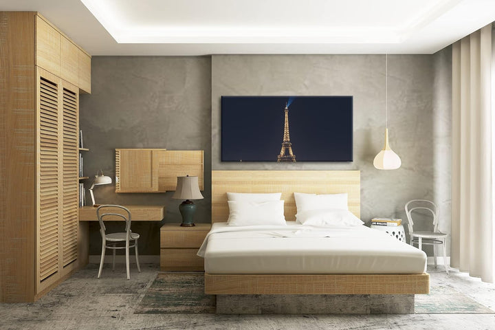 Eiffelturm in Paris bei Nacht Panorama 80x40 cm als Leinwandbild, Motiv fertig gerahmt auf Echtholzr
