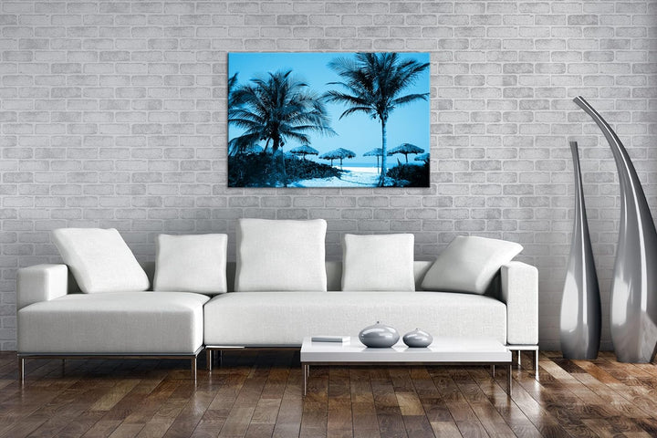 deyoli exotischer Palmenstrand Format: 60x40 Effekt: Monocrome Blau als Leinwand, Motiv fertig gerah