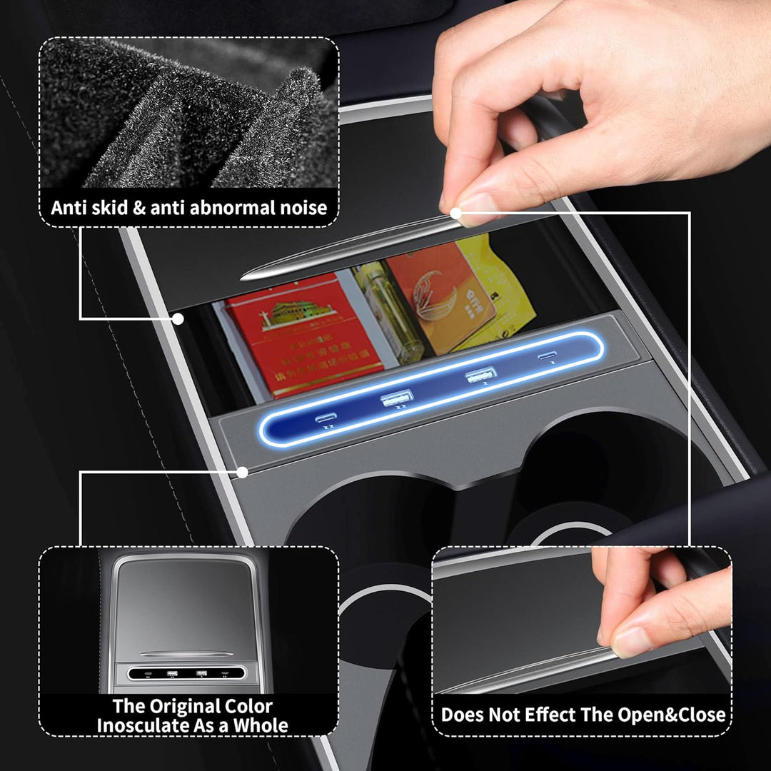 TOPABYTE Tesla USB LED Hub mit Mittelkonsole Organizer Tray für Model 3 und Model Y 2019–2023 unters