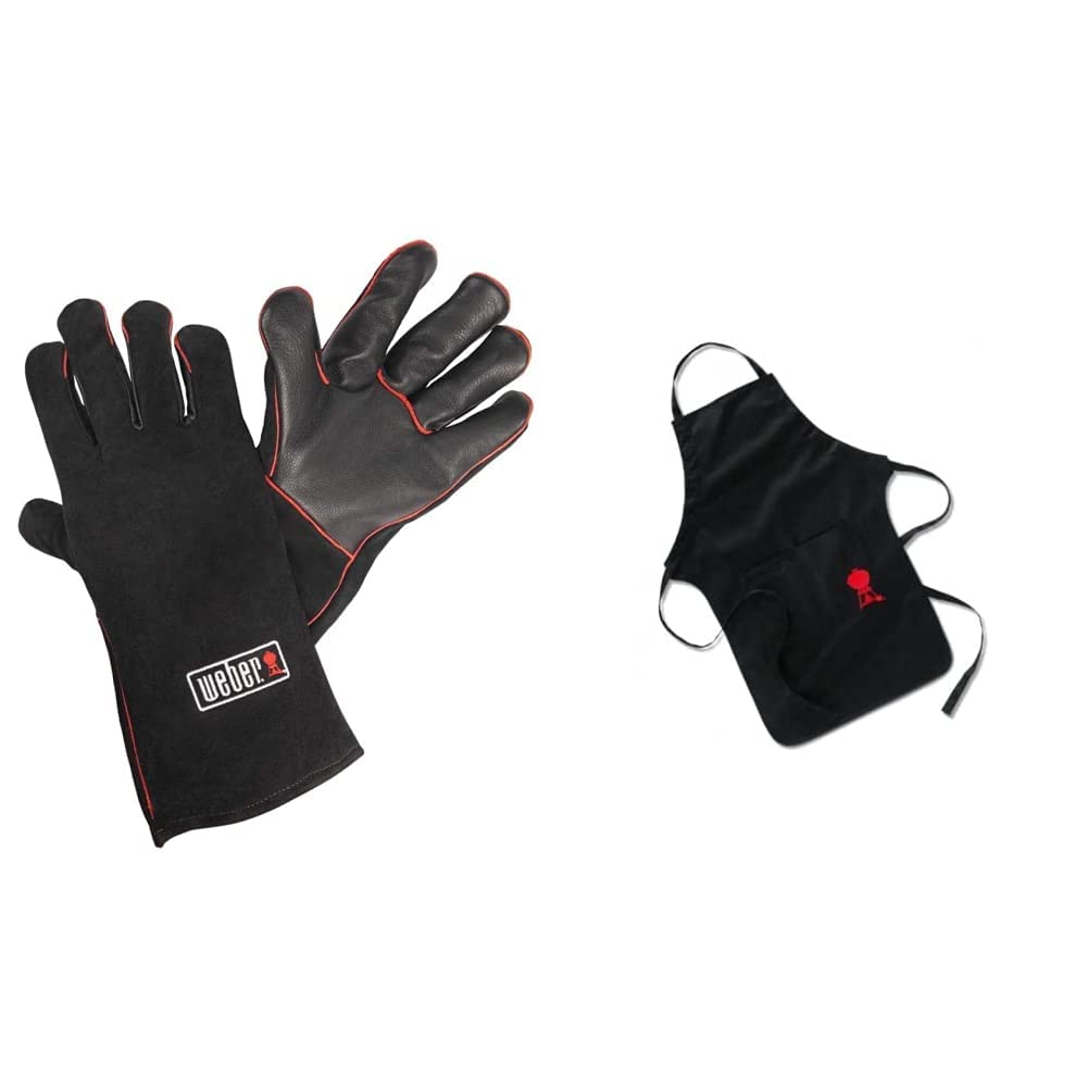 Weber 17896 Leder-Grillhandschuh, schwarz & 6474 Grillschürze, schwarz mit rotem Kettle Grill