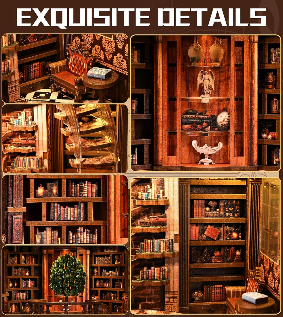 Spilay Book Nook, Runde Bibliothek DIY Miniature House | Mit LED, 3D-Puzzle, Bücherregal- & Schreibt