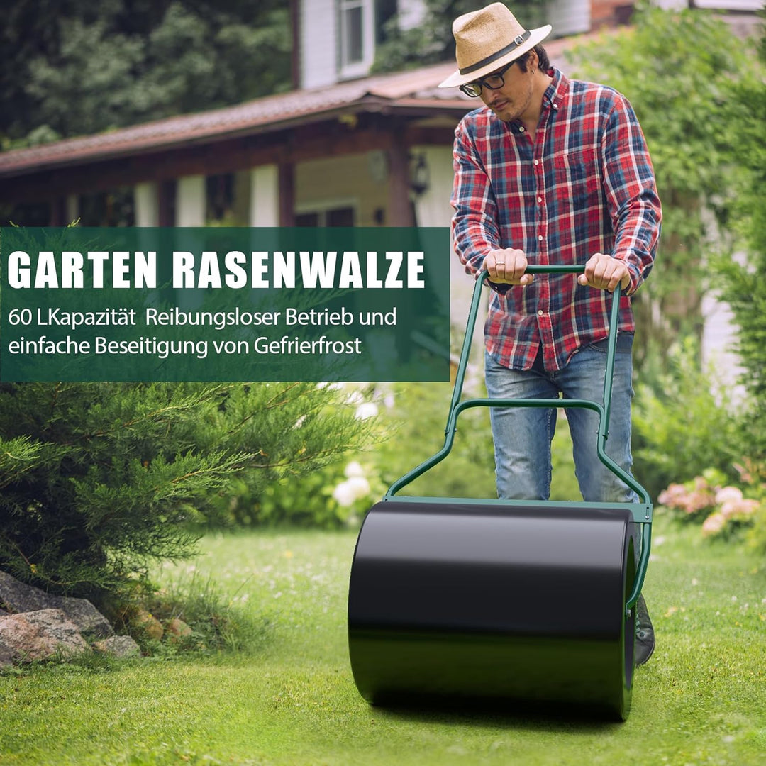 GOPLUS Garten Rasenwalze mit Schmutzabweiser, 60L Handwalze befüllbar mit Wasser & Sand, Ø 40CM Gart