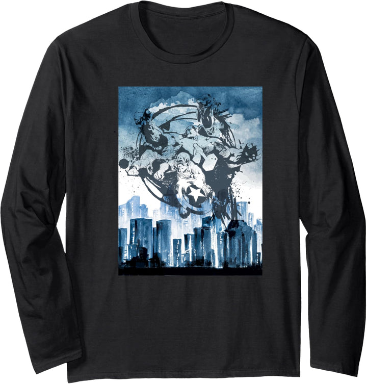 Marvel The Avengers Circle Group Shot City Skyline Poster Langarmshirt
