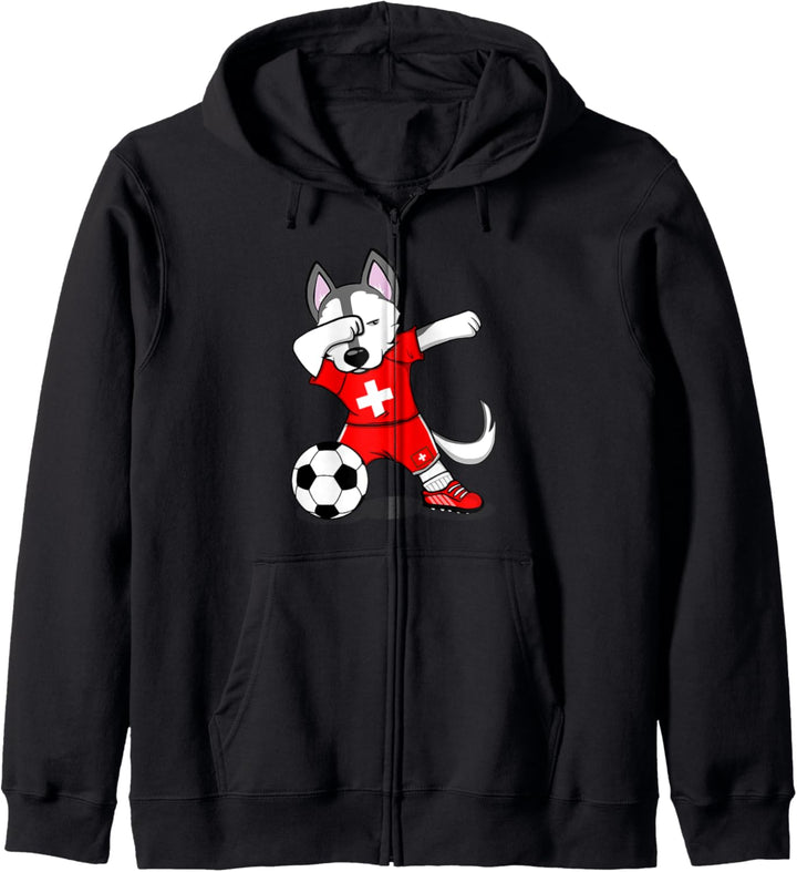 Dabbing Husky Schweiz Fussball Fan-Trikot Schweizer Fussball Kapuzenjacke