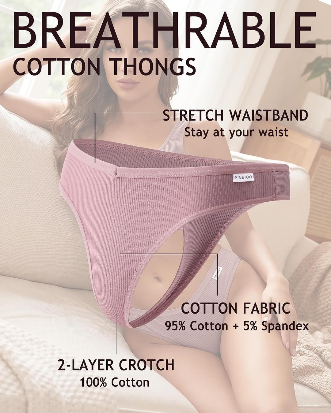 FINETOO 10er Damen Baumwoll Strings Set Tanga Unterhosen Frauen Weich Unterwäsche Niedrige Taille Sl