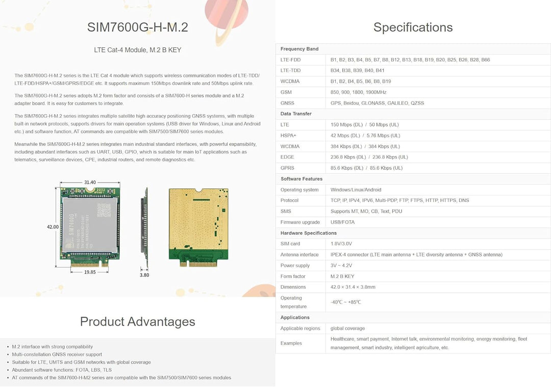 Waveshare SIM7600G-H-M.2 SIMCom Original 4G LTE Cat-4 Module Global Coverage with GNSS Support M.2 B