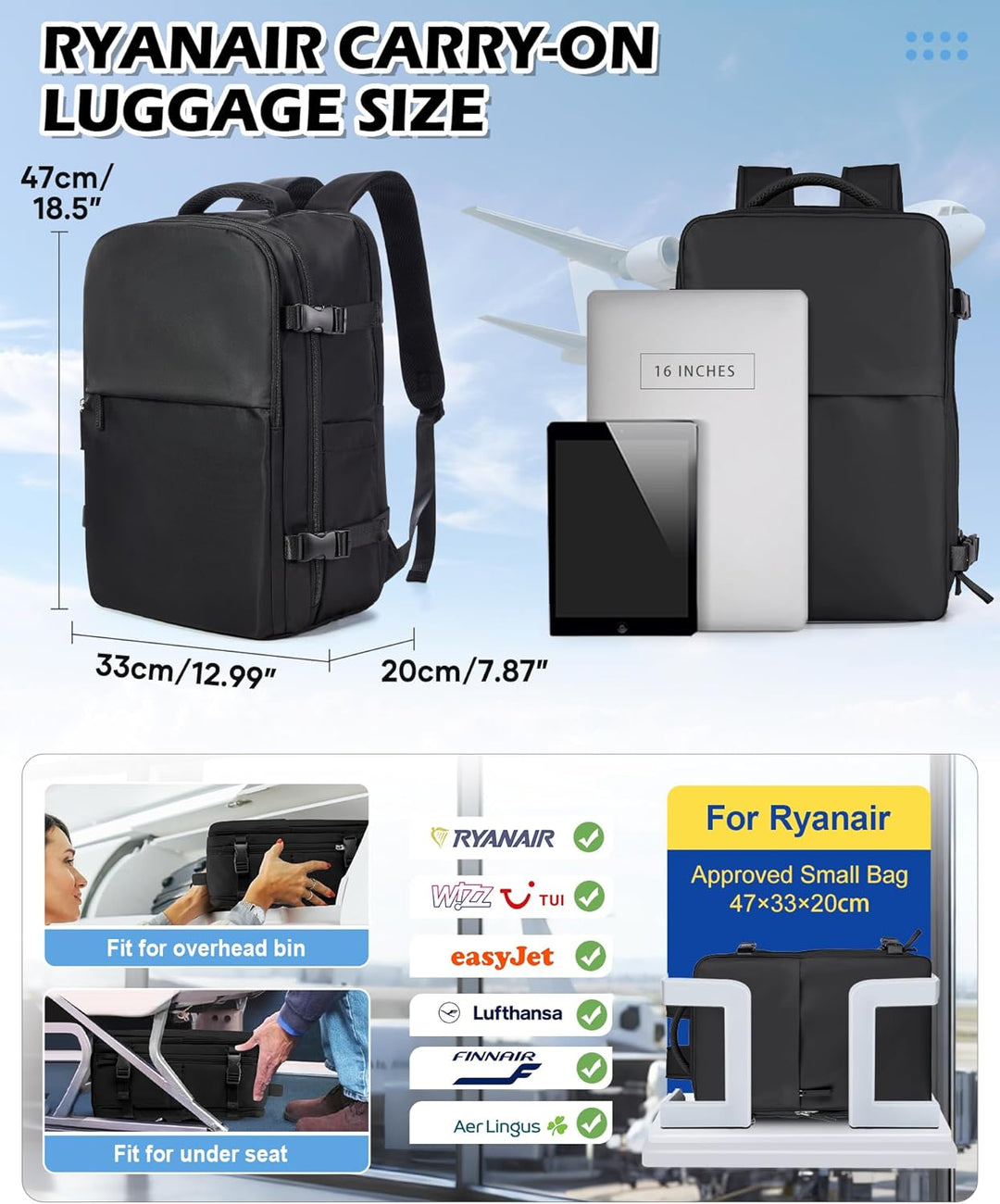 BJLFS Vakuum Rucksack 40x30x20 Ryanair Wizzair Reiserucksack Handgepäck Flugzeug 40x20x25 Rucksack m