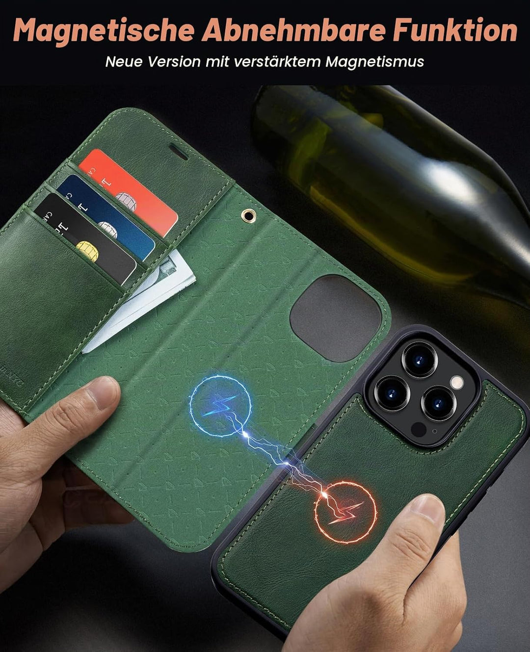OCASE iPhone 15 Pro Max Hülle(2in1) Leder Stossfestes Case [Abnehmbare magnetische Hülle] [Kabellose
