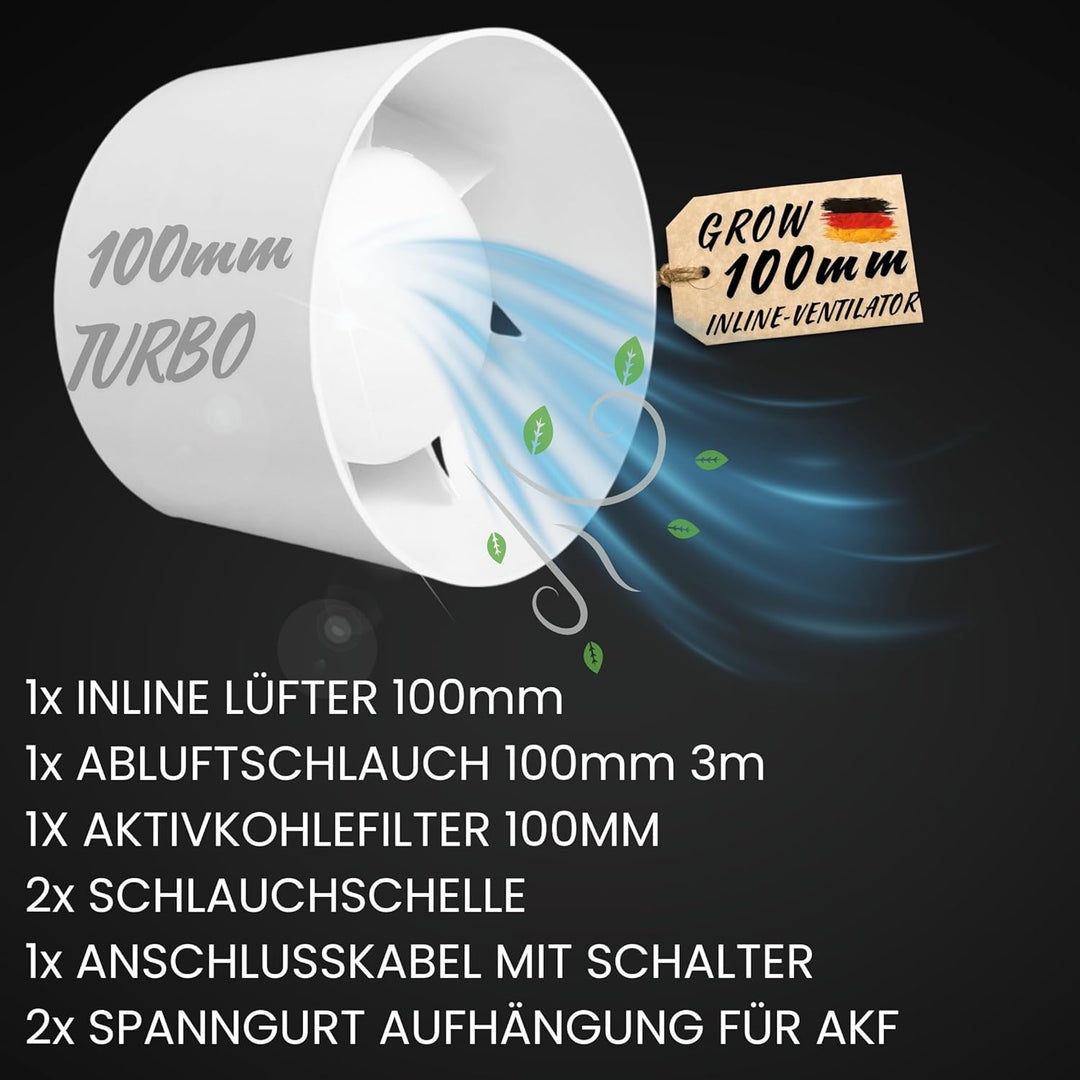 Grow Abluft Set 100mm leise mit Aktivkohlefilter Aufhängung Belüftungsset für Growbox Lüfter Abluftl