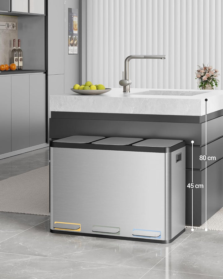 Hzuaneri Mülleimer Küche, Mülltrennsystem 3 Fächer 45L (3 x 15 L), Edelstahl-küchenmülleimer, Tretmü