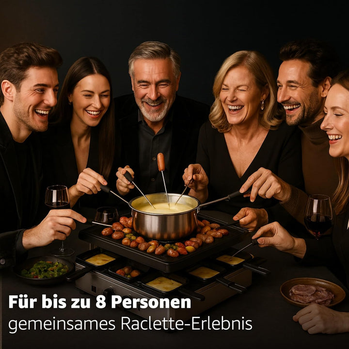 8 Personen Fondue/Raclette Set - Tischgrill inkl. Pfännchen & Schaber - Grillplatte & Steinplatte an