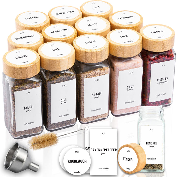 Deco haus® Gewürzgläser eckig luftdicht 12er Set [inkl. Etiketten & Streueinsatz] - Gewürzdosen Set