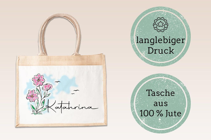 LIEBTASTISCH - Jutetasche mit Personalisierung - Blumen - Geschenk-Tasche - Verpackung - Abschied -