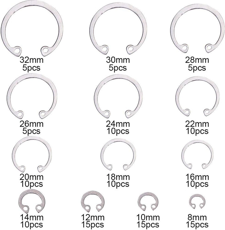 INCREWAY 125 Stück Edelstahl interne Sicherungsringe Clip Ring Sortiment Set Grösse: 8 mm bis 32 mm（