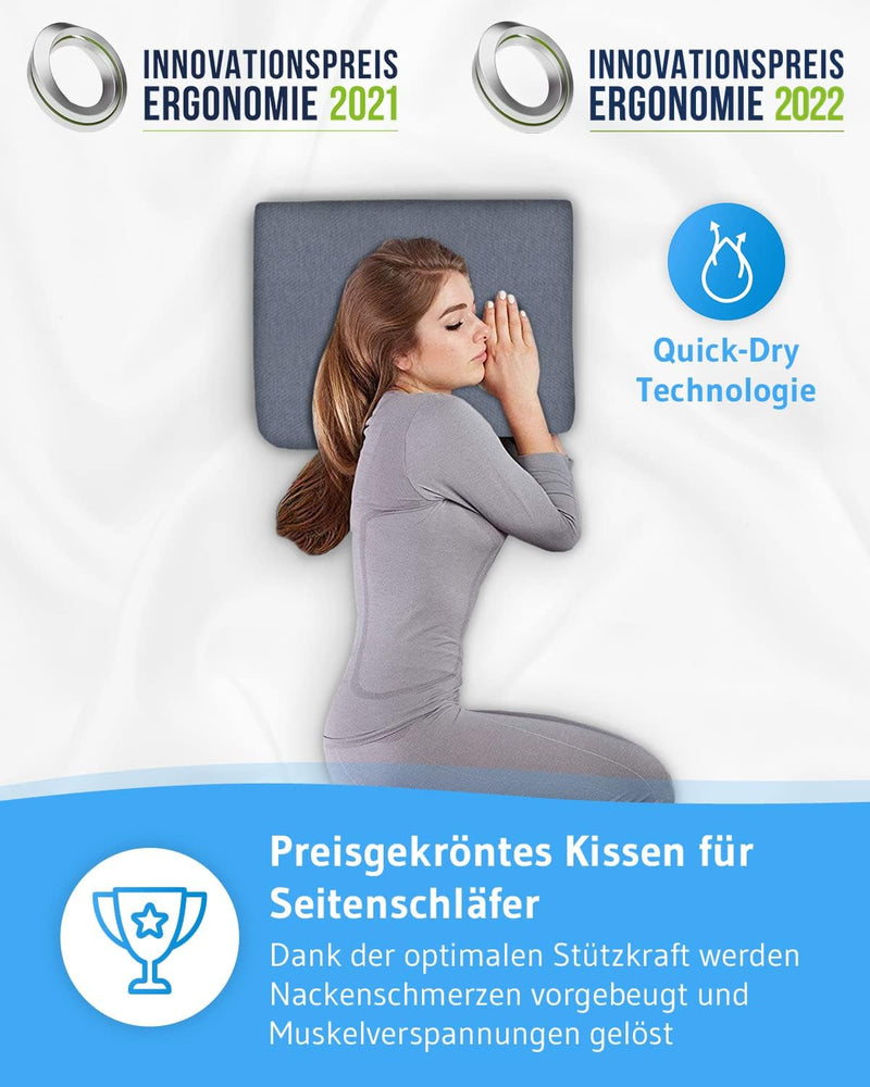 Seitenschläferkissen GIANFAR QuickDry | Ergonomisches Nacken-Kissen für Seitenschläfer | Memory-Foam