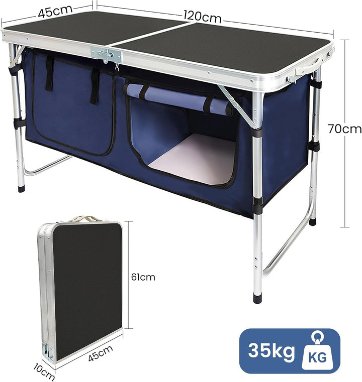Campingküche faltbar, Leicht Campingschrank mit Aluminiumgestell, Campingtisch Klappbar mit Staufach