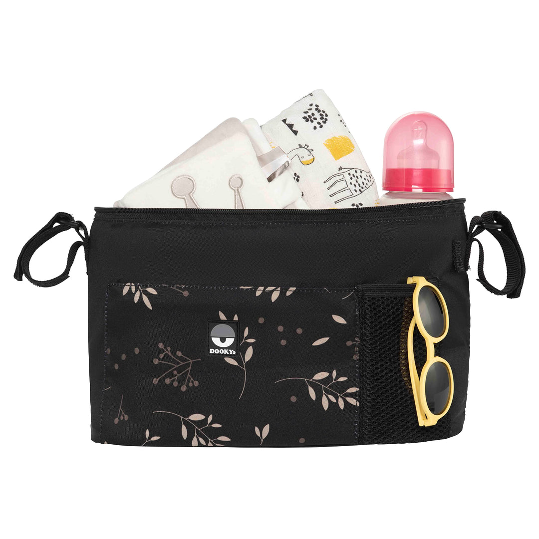 Dooky - Kinderwagen Organizer Deluxe Romantic Leaves Black - Perfekt für Unterwegs - Kinderwagentasc