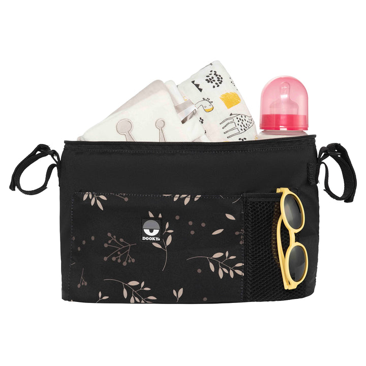 Dooky - Kinderwagen Organizer Deluxe Romantic Leaves Black - Perfekt für Unterwegs - Kinderwagentasc