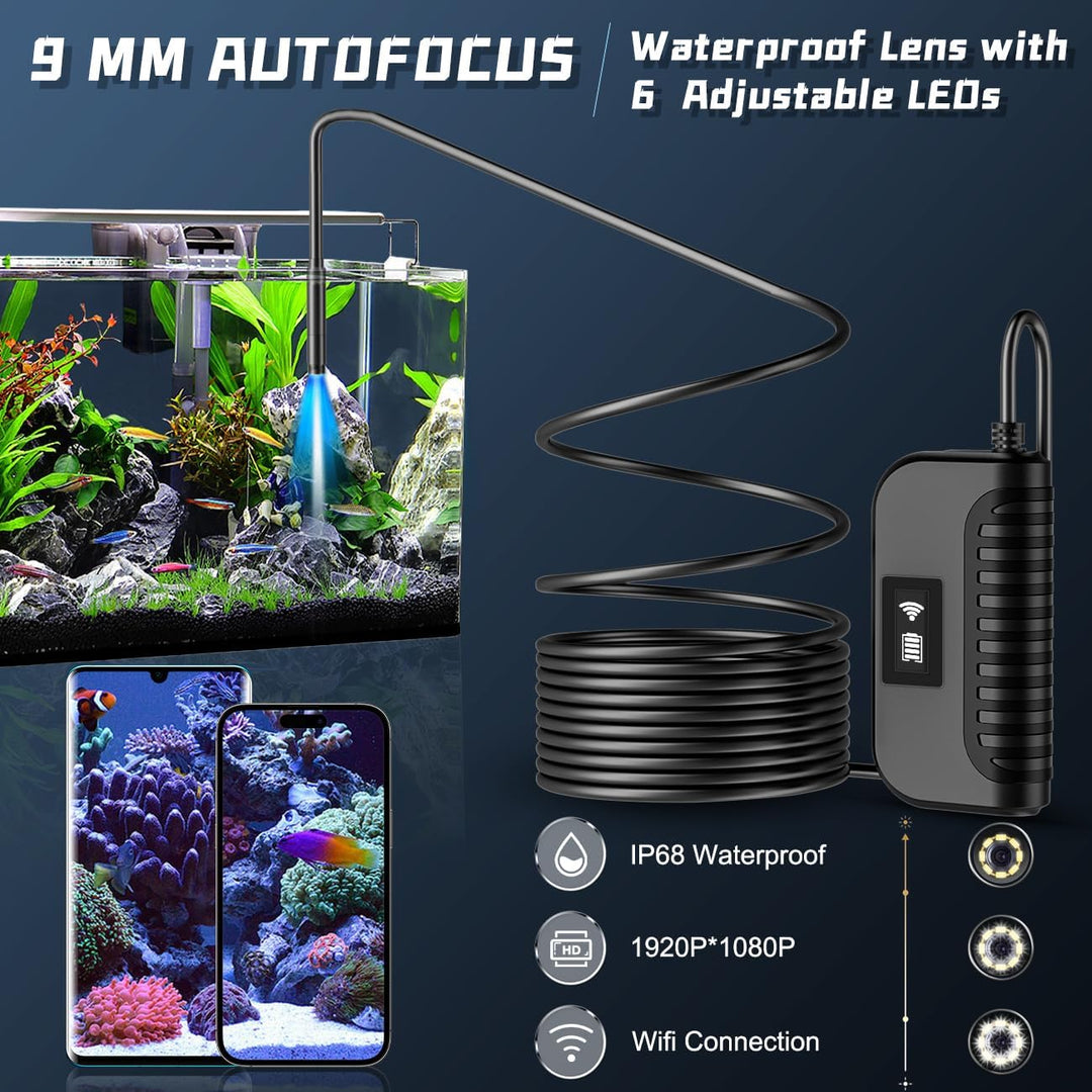 Maylatte Endoskopkamera mit Licht Handy 10M, 1080P HD WFI Autofokus Rohrkamera mit 10 LED, IP68 wass