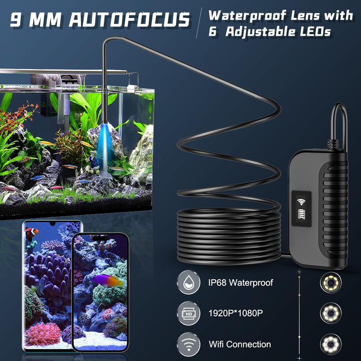 Maylatte Endoskopkamera mit Licht Handy 10M, 1080P HD WFI Autofokus Rohrkamera mit 10 LED, IP68 wass