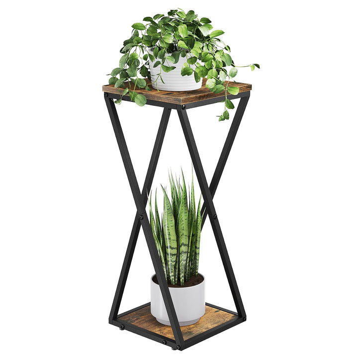 Bamworld Blumenständer Metall mit Holz Ablagen, 2 Ebenen Pflanzenständer im Industrie-Design, Blumen